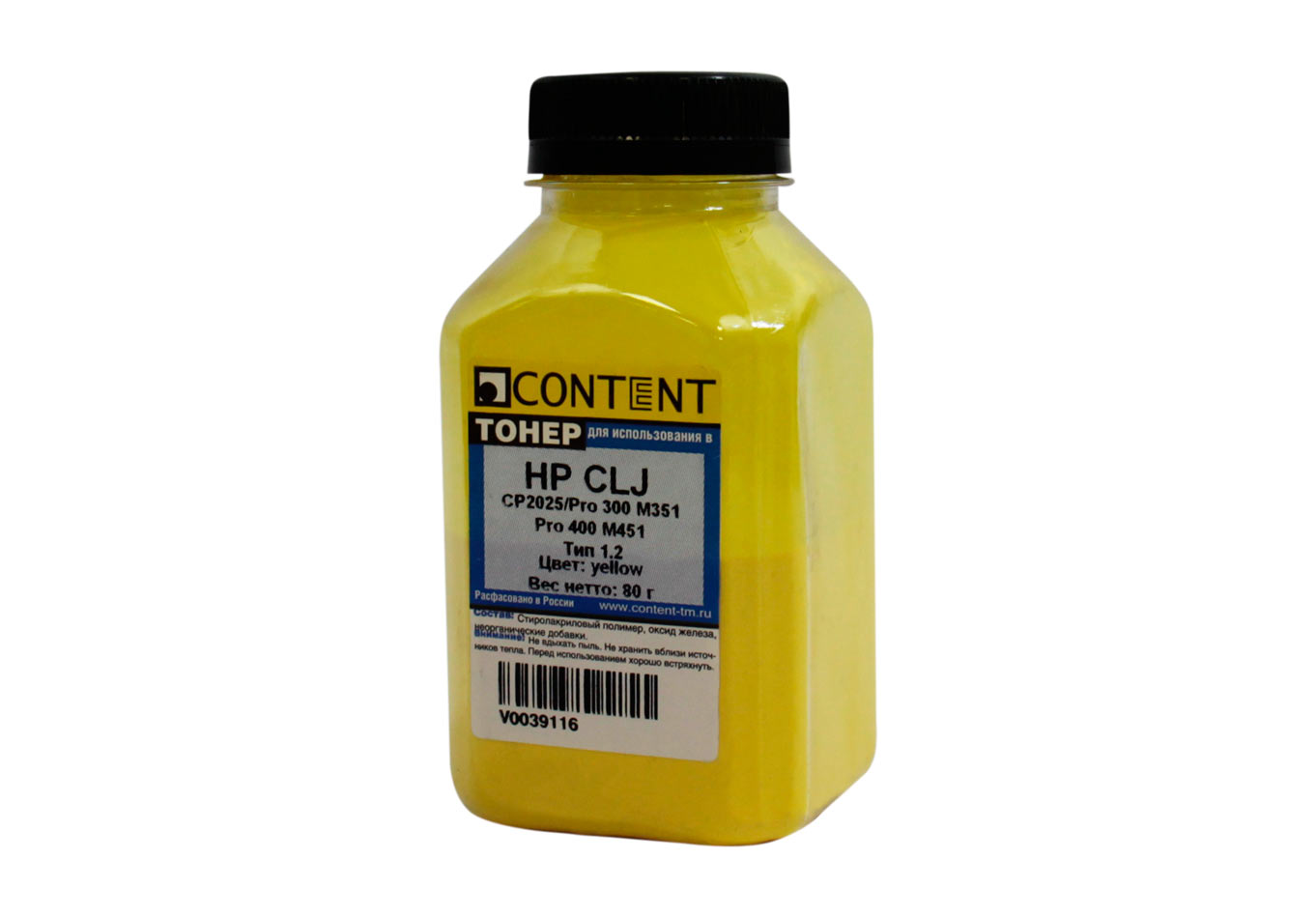 Тонер Content для HP CLJ CP2025/Pro 300 M351/Pro 400 M451, Тип 1.2, Y, 80 г, банка (Content)