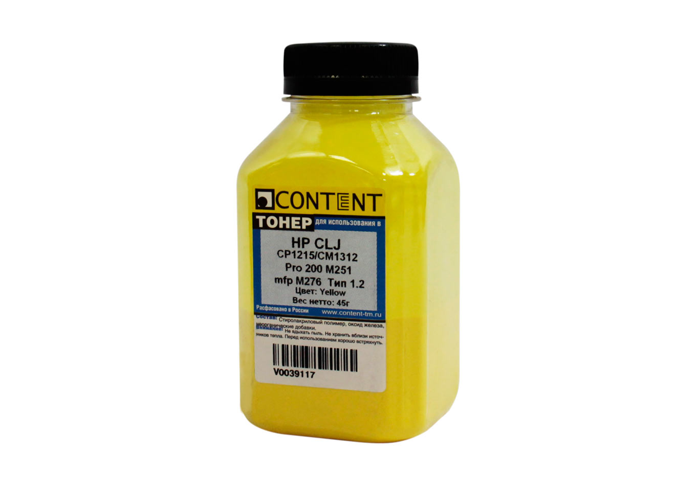 Тонер Content для HP CLJ CP1215/CM1312/Pro 200 M251/mfp M276, Тип 1.2, Y, 45 г, банка (Content)